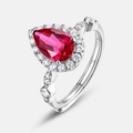 Luxuriöser S925 Silberring mit rosafarbenem Rubin im Birnenschliff und Diamant-Halo - Einstellbar Offen / Laborgezüchteter Rubin