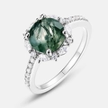 Anillo de ágata musgo verde y plata s925 con halo de diamantes y piedra redonda - US6# / Estilo de Ágata Musgosa Redonda (RG022762)