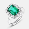 Vintage emerald-cut green gemstone ring in S925 sterling silver with halo diamonds - Adjustable Open / Lab-Grown Emerald