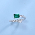 Eleganter S925 Silberring mit grünem Smaragdschliff Stein und weißem Zirkonia - Einstellbar Offen / Im Labor Gezüchteter Smaragd [Quadratisch 5*7MM]