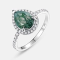 Teardrop moss agate ring in S925 sterling silver with halo setting and side diamonds - US6# / Pear Shape (RG022743)