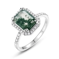 Rectangle moss agate ring in S925 sterling silver with halo set sparkling cubic zirconia - US6# / Rectangle Shape (RG022744)