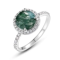 Halo set round moss agate ring in silver finish with pavé side stones on white background - US6# / Round Shape (RG022745)