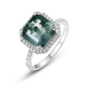 Vintage-Ring aus S925 Silber mit Moosachat im Smaragdschliff und Zirkonia-Umrandung - Achtekform (RG022747)