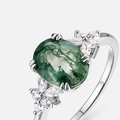 Classic oval green moss agate ring in S925 silver with elegant side cluster stones - US8# / Moss Agate Inlaid (Thick Silver Platinum) / Silver
