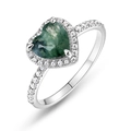 S925 Silberring mit herzförmigem Moosachat und funkelndem Diamant-Heiligenschein - Herzform (RG022748)