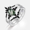 Three-piece S925 silver ring set featuring green moss agate and black gemstones - US8# / White Gold Plated (Oval 5*7mm)