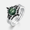 Three-piece ring set with green moss agate and black gemstones in 925 silver finish - US6# / White Gold Plated (Round 7.0mm)