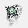 Three-piece S925 silver ring set with hexagon moss agate and black gemstones - US6# / White Gold Plated (Hexagon 6*10mm)