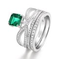 Anillo corona de plata S925 con piedra verde corte esmeralda y banda multicapa - US6# / Plata (Piedra Principal Verde)