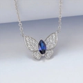 S925 sterling silver butterfly necklace with navy blue stone and white zircons - 925 Silver / Main Stone Marquise 3x6mm / Lab-Grown Sapphire
