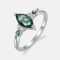 Vintage S925 silver ring featuring marquise-cut green moss agate and side accents - US6 / Silver