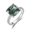 S925 silver moss agate ring with a square gemstone and woven rope band design - US6# / Cushion Cut Main Stone 10*10mm / Thick Silver White Gold