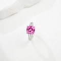 Macro shot of cushion cut pink gemstone ring with split shank and silver setting - HK15# / Lab-Grown Pink Sapphire