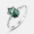 Hexagon moss agate ring in S925 sterling silver with twisted pavé band detail - US7# / Hexagonal Style (RG022755)