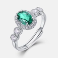 S925 silver adjustable open ring featuring oval emerald gemstone with halo diamonds - Adjustable Open / Oval Emerald (5*7mm)