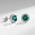 Boucles d'oreilles en argent S925 avec émeraude ronde verte et halo de zircons blancs - Argent 925 / Argent Épais Or Blanc (Pierre 6*6mm)