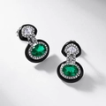 S925 silver emerald stud earrings with green oval stone and black enamel halo - 925 Silver / Silver