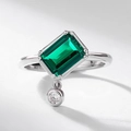 Bague en argent S925 avec pierre verte taille émeraude et détail en zircon blanc - Ouvert Réglable / Argent (Pierre Principale 6x8mm)