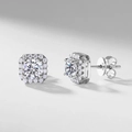 S925 sterling silver halo stud earrings with round center stone and square borders - 925 Silver / Silver