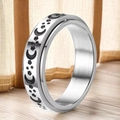 Silver stainless steel spinner ring featuring engraved black moon and star patterns - Silver Spinner Star Moon Pattern (1-C-5)