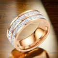 Macro view of rose gold double-row square zircon ring with polished stainless steel finish - US 5 / Double Row Square Diamond Rose Gold