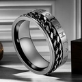 Rotating Viking rune ring in silver steel with a black chain inlay for men - Size 7 / Viking Rune Chain Ring (25-A-1) / Standard Width / Black Silver