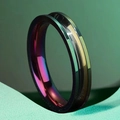 Macro view of iridescent titanium steel ring with central groove and polished finish - US 7 / Colorful