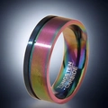 Regenbogen Wolframcarbid Ring mit gebürstetem Finish und schwarzer Beschichtung - Regenbogen-Farbverlauf mit blauem Rand