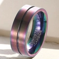 Rainbow plated tungsten carbide ring featuring a black center groove and inner engraving - US 7 / Rainbow with Black Groove Style / Rainbow