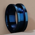 Men's titanium steel ring in deep blue metallic finish with modern grooved design - Blue
