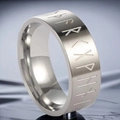 Close-up of brushed stainless steel ring featuring vintage Viking Rune engravings - US 5 / Silver
