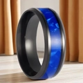 Bague en acier titane avec cadre noir et incrustation texture marbre bleu unisexe - Bague Noire avec Incrustation de Marbre Bleu (18-B-4)