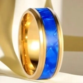 Gold stainless steel ring featuring a flat edge and polished blue marble inlay - US 10 / Gold