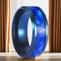 Electric blue titanium steel ring with marble texture inlay and matte finish edges - US 10 / Marble Pattern Inlay Ring / Blue