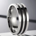 Polished silver titanium steel ring with double black grooves in a minimalist style - US 5 / Silver Two Black Stripes