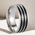Polished titanium steel ring for men featuring double black enamel parallel lines - US 5 / 3 Grooves Style / [product Attributes] This Appears To Be A Minimalist Men's Ring. The Main Material Is Likely High-gloss Polished Stainless Steel Or Titanium Steel. The Silver Ring Face Features Two Parallel Black Enamel Lines In The Center Giving The Overall Design An Industrial Modern Style. [visual Presentation] The Product Is Showcased Using Macro Close-ups Revealing A Delicate Metallic Texture Without Noticeable Scratches. A Light Beige Textured Stone Is Used As A Background Prop With Natural Strong Shadows Enhancing The Three-dimensionality And Brand Sophistication Of The Image. Image Quality Is [high] With Sharp Details And Moderate Contrast. Aesthetic Appeal Is [high] Overall Score Is [8.6] And The Presentation Is Mature. [text Content] There Is No Superimposed Text Or Printed Product Text In The Image. [logistics Labels] None. [infringement Risk] The Product Has A Basic Generic Design And Does Not Contain A Brand Logo Or Copyrighted Ip Elements; The Probability Of Infringement Is [0.0]. Background Infringement: None. [product Parameters] The Image Does Not Specify The Ring Size Or Material Composition.
