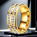Polished gold titanium steel ring with double rows of sparkling white zircons - US 5 / Gold Color (Double Round Drill)