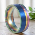 Anello in acciaio al titanio blu opaco e arcobaleno con design industriale spazzolato - Stile Blu Arcobaleno Satinato (14-C-4)