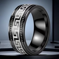 Wide black stainless steel ring for men featuring silver Greek meander patterns - Size 5 / Black