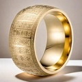 Vista detallada de un anillo de acero titanio dorado con el Sutra del Corazón - US 7 / Dorado