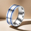 Polished silver stainless steel men's ring with parallel blue inlay lines for men - Silver & Blue