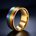 Polished gold stainless steel band ring featuring a vibrant six-color rainbow stripe - Gold Rainbow