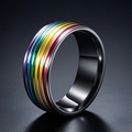 Polished black stainless steel wide ring with vibrant rainbow enamel stripes for couples - Black Rainbow