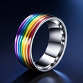 Polished stainless steel ring featuring vibrant rainbow enamel stripes for couples - Steel Rainbow