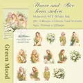 Flower and Alice Serie PET Aufkleber Set mit 30 Stück Aquarellmädchen für Scrapbooking - Grüne Stimmung
