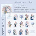 PET-Sticker-Set Serie Blumen und Alice mit blauen Illustrationen und Weißtintendruck - Stille Melancholie