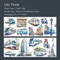 Rotolo washi tape City Train con paesaggio urbano e illustrazioni di auto retrò - Treno Urbano
