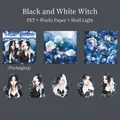 Black and White Witch themed PET stickers with iridescent shell light finish for journaling - Black & White Witch