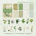 Retro floral scrapbooking kit with 16 paper sheets and 15 stickers in green storage box - Emerald Green Blossom